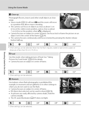 Page 5240
Using the Scene Mode
Shooting Suited for the Scene
* Other settings can be selected. Note that the flash may be unable to light entire subject at 
distances of less than 50 cm (1 ft. 8 in.).
* Other settings can be selected.
* Other settings can be selected.
k Close-up
Photograph flowers, insects and other small objects at close 
range.
•Macro mode (A33) will turn ON and the zoom will move 
to a position that allows macro shooting.
•The camera can focus on objects as close as about 5 cm 
(2 in.) at...