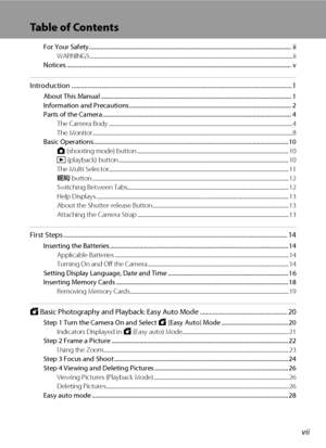 Page 9vii
Table of Contents
For Your Safety........................................................................................................................................ ii
WARNINGS .................................................................................................................................................................. ii
Notices...