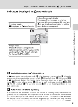 Page 35
21
Step 1 Turn the Camera On and Select L (Auto) Mode
Basic Photography and Playback: Auto Mode
Indicators Displayed in  L (Auto) Mode
lAvailable Functions in  L (Auto) Mode
In L  (auto) mode, macro close-up mode ( c31) and exposure compensation ( c32) can be
applied and pictures can be taken using the flash ( c28) and self-timer ( c30). Pressing  m
in  L  (auto) mode displays the shooting menu.  This menu allows you to specify the image
mode ( c84), white balance setting ( c86), and to apply continuous...