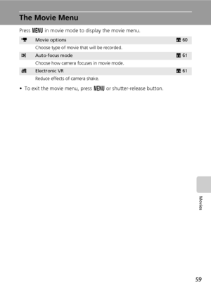 Page 73
59
Movies
The Movie Menu
Press m in movie mode to display the movie menu.
• To exit the movie menu, press  m or shutter-release button.
TMovie optionsc60
Choose type of movie that will be recorded.
YAuto-focus modec 61
Choose how camera focuses in movie mode.
cElectronic VRc 61
Reduce effects of camera shake.
Downloaded From camera-usermanual.com Nikon Manuals 