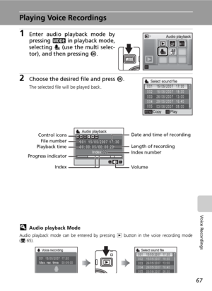 Page 81
67
Voice Recordings
Playing Voice Recordings
1Enter audio playback mode by
pressing C in playback mode,
selecting  q (use the multi selec-
tor), and then pressing  d.
2Choose the desired file and press  d.
The selected file will be played back.
lAudio playback Mode
Audio playback mode can  be entered by pressing i button in the voice recording mode
( c 65).
Audio playback
003
004 002 001
005
Select sound file
Copy Play15/05/2007  17:30
15/05/2007  18:30
26/05/2007  13:00
29/05/2007  16:40
03/06/2007...