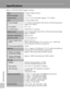 Page 142
128
Technical Notes
Specifications
Nikon COOLPIX S200 Digital Camera
TypeCompact digital camera
Effective pixels7.1 million
Image sensor1/2.5-in. CCD; total pixels: approx. 7.41 million
Lens3× Zoom-Nikkor lens
Focal length6.3-18.9mm (equivalent with 35mm [135] format picture 
angle: 38-114mm)
f/-numberf/3.1–5.9
Construction6 elements in 5 groups
Digital zoom Up to 4x (equivalent with 35mm [135] format picture angle: 
approx. 456mm)
Vibration reductionElectronicVR
Autofocus (AF)Contrast-detect AF
Focus...