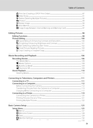 Page 11ix
Table of Contents
a Print Set (Creating a DPOF Print Order) .......................................................................................... 87
b Slide Show........................................................................................................................................................ 91
c Delete (Deleting Multiple Pictures).................................................................................................... 92
d Protect...