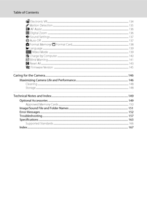 Page 12x
Table of Contents
w Electronic VR ................................................................................................................................................ 134
U Motion Detection ...................................................................................................................................... 135
h AF Assist ............................................................................................................................................................