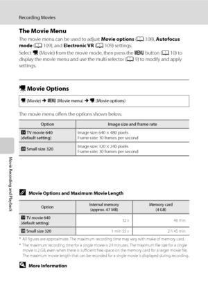 Page 120
108
Recording Movies
Movie Recording and Playback
The Movie Menu
The movie menu can be used to adjust Movie options (A 108),  Autofocus 
mode  (A 109), and  Electronic VR  (A 109) settings.
Select  D (Movie) from the movie mode, then press the  d button ( A10) to 
display the movie menu and use the multi selector ( A9) to modify and apply 
settings.
D  Movie Options
The movie menu offers the options shown below.
CMovie Options and Maximum Movie Length
* All figures are approximate. The maximum record...