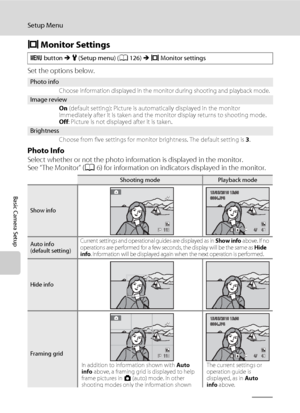 Page 144132
Setup Menu
Basic Camera Setup
e Monitor Settings
Set the options below.
Photo Info
Select whether or not the photo information is displayed in the monitor.
See “The Monitor” (A6) for information on indicators displayed in the monitor.
d button M z (Setup menu) (A126) M e Monitor settings
Photo infoChoose information displayed in the monitor during shooting and playback mode.
Image review
On (default setting): Picture is automatically displayed in the monitor 
immediately after it is taken and the...