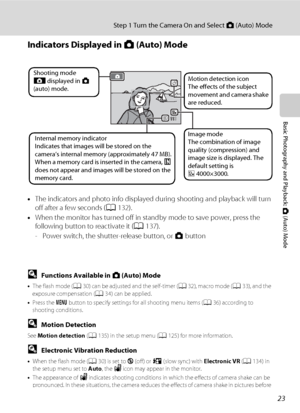 Page 3523
Step 1 Turn the Camera On and Select A (Auto) Mode
Basic Photography and Playback: A (Auto) Mode
Indicators Displayed in A (Auto) Mode
•The indicators and photo info displayed during shooting and playback will turn 
off after a few seconds (A132).
•When the monitor has turned off in standby mode to save power, press the 
following button to reactivate it (A137).
- Power switch, the shutter-release button, or A button
DFunctions Available in A (Auto) Mode
•The flash mode (A30) can be adjusted and the...