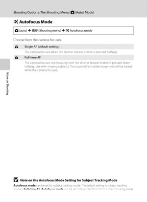 Page 6048
Shooting Options: The Shooting Menu (A (Auto) Mode)
More on Shooting
I Autofocus Mode
Choose how the camera focuses.
BNote on the Autofocus Mode Setting for Subject Tracking Mode
Autofocus mode can be set for subject tracking mode. The default setting in subject tracking 
mode is Full-time AF. Autofocus mode can be set independently for both subject tracking mode 
and A (auto) mode.
A (auto) M d (Shooting menu) M I Autofocus mode
ASingle AF (default setting)
The camera focuses when the shutter-release...
