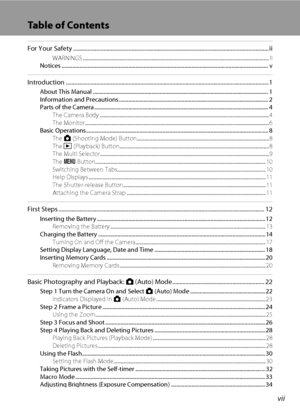 Page 9vii
Table of Contents
For Your Safety ...................................................................................................................................... ii
WARNINGS .................................................................................................................................................................. ii
Notices...