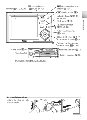 Page 133
Introduction
Attach the strap as 
shown at right.
Attaching the Camera Strap
 (shooting/playback)
button ( 19, 41)
Battery-chamber/memory 
card slot cover (
 10, 12)
I
ndicator lamp (
 11, 16, 
36, 38, 64)
F lash lamp (
 20)
 (delete) button
( 19, 41, 42)
Rotary multi selector
(
 4, 17)
 (mode) button ( 5, 17)
 (menu) button 
( 17, 61, 67, 70)
M onitor ( 6–7, 78, 79)
Battery chamber ( 10)
Me
mory card slot (
 12)
Tr ipod socket
Multi connector (
 8, 52, 53, 56, 60)
Battery latch (
 10)
 (center) button...