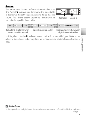 Page 2515
Camera Operations
Zoom
The zoom control is used to frame subjects in the mon-
itor.  Select  W to  z oom out, increasing the area visible 
in the frame.  Select  T to  z oom in up to 3 × so that the 
subject ﬁ lls a larger area of the frame.  The amount of 
z oom is displayed in the monitor.
Z oom out Zoom in
I ndicator is displayed when 
zoom control is pressed Optical zoom (up to 3 ×) Indicator turns yellow when 
digital zoom is in eﬀ ect
Holding the control to  T  f or about two seconds at 3 × zoom...