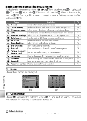 Page 8070
The Setup Menu
Basic Camera Setup: The Setup Menu
To  display the setup menu, select  SET UP or  from the shooting ( 61), playback 
(
  67), scene ( 26), movie ( 36), one-touch portrait ( 25), or voice recording 
menus (
  39).  See page 17 for more on using the menus.  Settings remain in eﬀ  ect 
until reset (
 76).
O ption Description
Menus Choose how menus are displayed. 70
Quick startupEnable or disable welcome screen and start-up sound. 70
Welcome screen Select screen displayed when camera is...