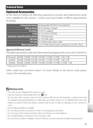 Page 8777
Technical Notes
Technical Notes
Optional Accessories
At the time of writing, the following optional accessories and replacement items 
we re a vailable for this camera.  Contact your local retailer or Nikon representative 
f or details.
Rechargeable battery Rechargeable EN-EL8 Li-ion batteries
Battery charger MH-62 battery charger
AC  adapter EH-64 AC adapter
C radle MV-14 COOL-STATION
ImageLink-compatible printer adapter PV-10 Dock Insert
USB cable UC-E10 USB cable
A/V cable EG-E5000 audio/video...