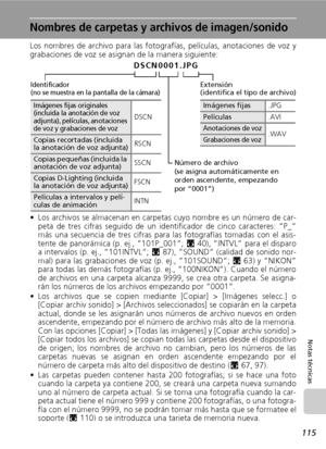 Page 127115
Notas técnicas
Nombres de carpetas y archivos de imagen/sonido
Los nombres de archivo para las fotografías, películas, anotaciones de voz y
grabaciones de voz se asignan de la manera siguiente:
• Los archivos se almacenan en carpetas cuyo nombre es un número de car-
peta de tres cifras seguido de un identificador de cinco caracteres: “P_”
más una secuencia de tres cifras para las fotografías tomadas con el asis-
tente de panorámica (p. ej., “101P_001”; c40), “INTVL” para el disparo
a intervalos (p....