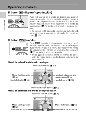 Page 208
Introducción
Operaciones básicas
El botón i (disparo/reproducción)
El botón C (modo)
Pulse C durante el disparo para mostrar el menú
de selección del modo de disparo o durante la repro-
ducción para mostrar el menú de selección del modo
de reproducción. Utilice el multiselector giratorio
(c9) para elegir el modo deseado.
•Pulse i para alternar entre los menús de selec-
ción del modo para el modo disparo y el modo  de
reproducción.
Menú de selección del modo de disparo
Menú de selección del modo de...