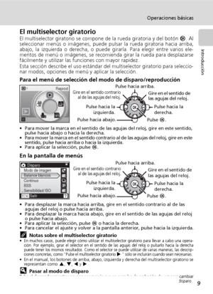 Page 219
Operaciones básicas
Introducción
El multiselector giratorio
El multiselector giratorio se compone de la rueda giratoria y del botón d. Al
seleccionar menús o imágenes, puede pulsar la rueda giratoria hacia arriba,
abajo, la izquierda o derecha, o puede girarla. Para elegir entre varios ele-
mentos de menú o imágenes, se recomienda girar la rueda para desplazarse
fácilmente y utilizar las funciones con mayor rapidez.
Esta sección describe el uso estándar del multiselector giratorio para seleccio-
nar...