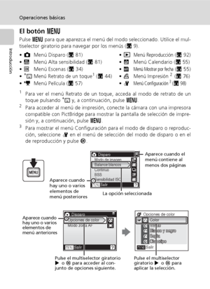 Page 2210
Operaciones básicas
Introducción
El botón m
Pulse m para que aparezca el menú del modo seleccionado. Utilice el mul-
tiselector giratorio para navegar por los menús (c9).
1Para ver el menú Retrato de un toque, acceda al modo de retrato de un
toque pulsando A y, a continuación, pulse m. 
2Para acceder al menú de impresión, conecte la cámara con una impresora
compatible con PictBridge para mostrar la pantalla de selección de impre-
sión y, a continuación, pulse m.
3Para mostrar el menú Configuración...