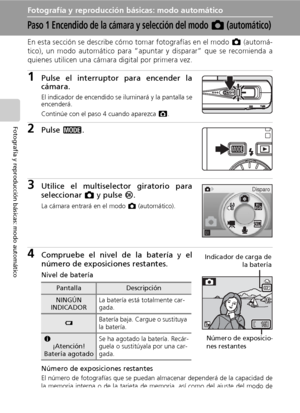 Page 3220
Fotografía y reproducción básicas: modo automático
Fotografía y reproducción básicas: modo automático
Paso 1 Encendido de la cámara y selección del modo L (automático)
En esta sección se describe cómo tomar fotografías en el modo L (automá-
tico), un modo automático para “apuntar y disparar” que se recomienda a
quienes utilicen una cámara digital por primera vez.
1Pulse el interruptor para encender la
cámara.
El indicador de encendido se iluminará y la pantalla se
encenderá.
Continúe con el paso 4...