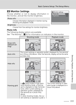 Page 123111
Basic Camera Setup: The Setup Menu
Shooting, Playback, and Setup Menus
Z Monitor Settings
Choose whether or not to display information in
the monitor, and set the monitor brightness.
Photo InfoThe following display options are available.
See “The Monitor” (c6) for information on indicators in the monitor.
Photo info
Choose information displayed in monitor during 
shooting and playback mode.
Brightness
Choose from five settings for monitor brightness.
Shooting modePlayback mode
Show info
(default...