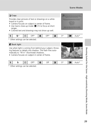 Page 5139
Scene Modes
Shooting Suited for the Scene - High-sensitivity Shooting Mode, Scene Mode
* Other settings can be selected.
* Other settings can be selected.
O Copy
Provides clear pictures of text or drawings on a white 
board or in print.
• Camera focuses on subject in center of frame.
• Use macro close-up mode (c31) to focus at short 
ranges. 
• Colored text and drawings may not show up well.
CB*HOff*FOff*I0*uAuto*
L Back light
Use when light is coming from behind your subject, throw-
ing features or...