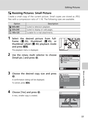 Page 6351
Editing Pictures
More on Playback
H Resizing Pictures: Small Picture
Create a small copy of the current picture. Small copies are stored as JPEG
files with a compression ratio of 1:16. The following sizes are available.
1Select the desired picture from full-
frame (c26), thumbnail (c45), or
thumbnail wheel (c46) playback mode
and press m.
The playback menu is displayed.
2Use the rotary multi selector to choose
[Small pic.] and press d.
3Choose the desired copy size and press
d.
A confirmation dialog...