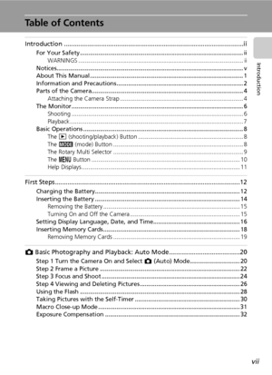 Page 9vii
Introduction
Table of Contents
Introduction .....................................................................................................ii
For Your Safety .................................................................................................. ii
WARNINGS ................................................................................................... ii
Notices................................................................................................................ v
About...