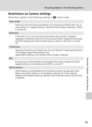 Page 10795
Shooting Options: The Shooting Menu
Shooting, Playback, and Setup Menus
Restrictions on Camera Settings
Restrictions apply to the following settings in L (auto) mode.
Flash mode
Flash turns off at [Continuous] settings of [Continuous] or [Multi-shot 16], or 
when [BSS] is on. Applied setting is restored when [Single] is selected, or [BSS] 
is turned off.
Self-timer
If self-timer is on, only one shot will be taken when shutter is released, 
regardless of settings chosen for [Continuous] and [BSS]....
