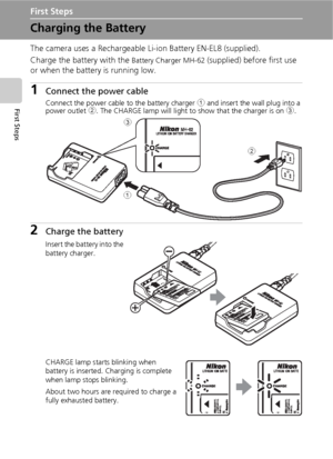 Page 2412
First Steps
First Steps
Charging the Battery
The camera uses a Rechargeable Li-ion Battery EN-EL8 (supplied).
Charge the battery with the 
Battery Charger MH-62 (supplied) before first use 
or when the battery is running low.
1Connect the power cable
Connect the power cable to the battery charger 1 and insert the wall plug into a 
power outlet 2. The CHARGE lamp will light to show that the charger is on 3.
2Charge the battery
Insert the battery into the 
battery charger.
CHARGE lamp starts blinking...