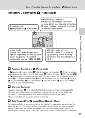 Page 3321
Step 1 Turn the Camera On and Select L (Auto) Mode
Basic Photography and Playback: Auto Mode
Indicators Displayed in L (Auto) Mode
lAvailable Functions in L (Auto) Mode
In L (auto) mode, macro mode (c31) and exposure compensation (c32) can be applied 
and pictures can be taken using the flash mode (c28) and self-timer (c30). Pressing m 
in L (auto) mode displays the shooting menu. This menu allows you to specify the image 
mode (c87), white balance setting (c89), and to apply continuous shooting...