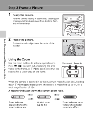 Page 3422
Basic Photography and Playback: Auto Mode
Step 2 Frame a Picture
1Ready the camera.
Hold the camera steadily in both hands, keeping your 
fingers and other objects away from the lens, flash, 
and self-timer lamp.
2Frame the picture.
Position the main subject near the center of the 
monitor.
Using the Zoom
Use the zoom buttons to activate optical zoom. 
Press t (j) to zoom out, increasing the area 
visible in the frame, or v (k) to zoom in so that the 
subject fills a larger area of the frame.
When the...