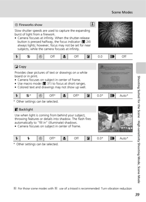 Page 5139
Scene Modes
Shooting Suited for the Scene - High-sensitivity Shooting Mode, Scene Mode
* Other settings can be selected.
* Other settings can be selected.
Q: For those scene modes with Q, use of a tripod is recommended. Turn vibration reduction 
(c111) off when using a tripod.
K Fireworks showQ
Slow shutter speeds are used to capture the expanding 
burst of light from a firework.
• Camera focuses at infinity. When the shutter-release 
button is pressed halfway, the focus indicator (c24) 
always...