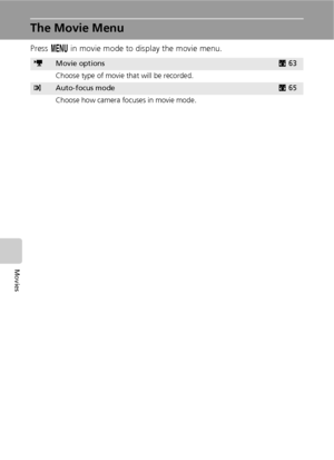 Page 7462
Movies
The Movie Menu
Press m in movie mode to display the movie menu.
TMovie optionsc63
Choose type of movie that will be recorded.
YAuto-focus modec65
Choose how camera focuses in movie mode.
Downloaded From camera-usermanual.com Nikon Manuals 