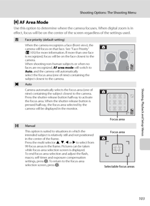 Page 117103
Shooting Options: The Shooting Menu
Shooting, Playback and Setup Menus
G AF Area Mode
Use this option to determine where the camera focuses. When digital zoom is in 
effect, focus will be on the center of the screen regardless of the settings used.
zFace priority (default setting)
When the camera recognizes a face (front view), the 
camera will focus on that face. See “Face Priority” 
(A105) for more information. If more than one face 
is recognized, focus will be on the face closest to the 
camera....