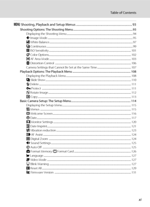 Page 13xi
Table of Contents
d Shooting, Playback and Setup Menus ............................................................................. 93
Shooting Options: The Shooting Menu .......................................................................................93
Displaying the Shooting Menu ................................................................................................................... 94
A Image Mode...