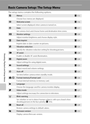 Page 128114
Shooting, Playback and Setup Menus
Basic Camera Setup: The Setup Menu
The setup menu contains the following options. 
aMenusA115
Choose how menus are displayed.
cWelcome screenA116
Select screen displayed when camera is turned on.
dDateA117
Set camera clock and choose home and destination time zones.
eMonitor settingsA120
Adjust monitor brightness and choose display style.
fDate imprintA121
Imprint date or date counter on pictures.
gVibration reductionA123
Specify the vibration reduction setting for...