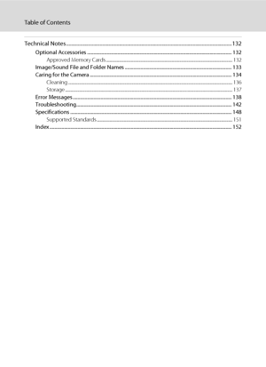 Page 14xii
Table of Contents
Technical Notes ................................................................................................................................132
Optional Accessories ....................................................................................................................... 132
Approved Memory Cards ............................................................................................................................ 132
Image/Sound File and Folder Names...