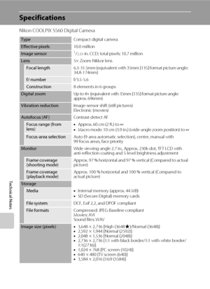 Page 162148
Technical Notes
Specifications
Nikon COOLPIX S560 Digital Camera
TypeCompact digital camera
Effective pixels10.0 million
Image sensor1/2.33-in. CCD; total pixels: 10.7 million
Lens5× Zoom-Nikkor lens
Focal length6.3-31.5mm (equivalent with 35mm [135] format picture angle: 
34.8-174mm)
f/-numberf/3.5-5.6
Construction8 elements in 6 groups
Digital zoomUp to 4× (equivalent with 35mm [135] format picture angle: 
approx. 696mm)
Vibration reductionImage-sensor shift (still pictures)
Electronic (movies)...