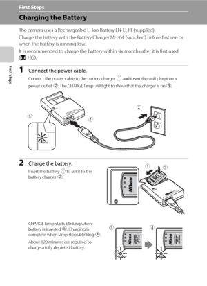 Page 2612
First Steps
First Steps
Charging the Battery
The camera uses a Rechargeable Li-ion Battery EN-EL11 (supplied).
Charge the battery with the Battery Charger MH-64 (supplied) before first use or 
when the battery is running low.
It is recommended to charge the battery within six months after it is first used 
(A135).
1Connect the power cable.
Connect the power cable to the battery charger 1 and insert the wall plug into a
power outlet 2. The CHARGE lamp will light to show that the charger is on 3....