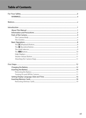 Page 9vii
Table of Contents
For Your Safety ...................................................................................................................................... ii
WARNINGS................................................................................................................................................ ii
Notices...................................................................................................................................................... v
Introduction...