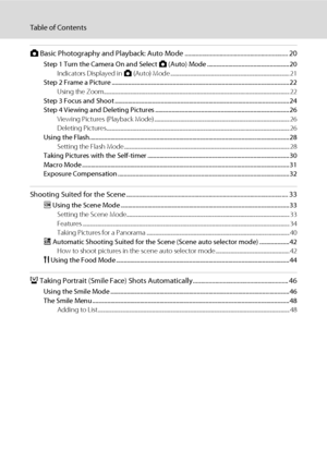 Page 10viii
Table of Contents
A Basic Photography and Playback: Auto Mode ................................................................. 20
Step 1 Turn the Camera On and Select A (Auto) Mode .......................................................20
Indicators Displayed in A (Auto) Mode ............................................................................................... 21
Step 2 Frame a Picture...