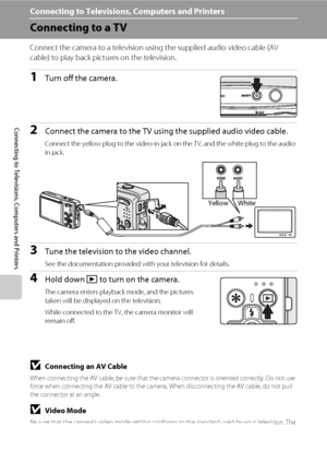 Page 9480
Connecting to Televisions, Computers and Printers
Connecting to Televisions, Computers and Printers
Connecting to a TV
Connect the camera to a television using the supplied audio video cable (AV 
cable) to play back pictures on the television.
1Turn off the camera.
2Connect the camera to the TV using the supplied audio video cable.
Connect the yellow plug to the video-in jack on the TV, and the white plug to the audio-
in jack. 
3Tune the television to the video channel.
See the documentation provided...