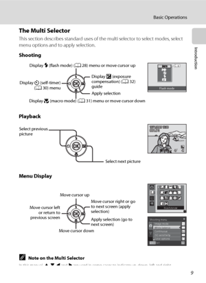 Page 219
Basic Operations
Introduction
The Multi Selector
This section describes standard uses of the multi selector to select modes, select 
menu options and to apply selection.
Shooting
Playback
Menu Display
CNote on the Multi Selector
In this manual, H, I, J and K are used in some cases to indicate up, down, left and right 
operations of the multi selector.
Flash mode
Display m (flash mode) (A28) menu or move cursor up
Display n (self-timer)
(A30) menu
Display p (macro mode) (A31) menu or move cursor...