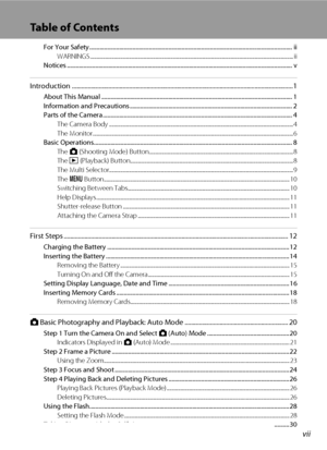 Page 9vii
Table of Contents
For Your Safety........................................................................................................................................ ii
WARNINGS .................................................................................................................................................................. ii
Notices...