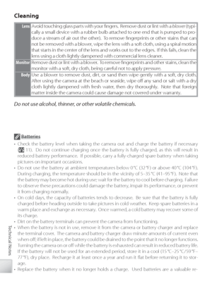 Page 10292
Technical Notes
Cleaning
Lens Avoid touching glass parts with your ﬁ  ngers.  Remove dust or lint with a  blower (typi-
cally a small device with a rubber bulb attached to one end that is pumped to pro-
duce a stream of air out the other).  To remove ﬁ ngerprints or other stains that can 
not be removed with a blower, wipe the lens with a soft cloth, using a spiral motion 
that starts in the center of the lens and works out to the edges.  If this fails, clean the 
lens using a cloth lightly dampened...