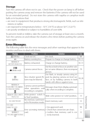 Page 10393
Technical Notes
Storage
Tu rn the camera oﬀ   when not in use.  Check that the power-on lamp is oﬀ   before 
putting the camera away and remove the batteries if the camera will not be used 
f or an extended period.  Do not store the camera with naptha or camphor moth 
balls or in locations that:
•  are next to equipment that produces strong electromagnetic ﬁ elds, such as tele- visions or radios
•  are exposed to temperatures below –10 °C (14 °F) or above 50 °C (122 °F)
•  are poorly ventilated or...