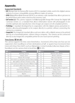 Page 110100
Technical Notes
Appendix
Su p porte d  S ta n d ard sSupported Standards
•  DCF : D esign Rule for  Camera  File System (DCF) is standard widely used in the digital camera 
industry to ensure compatibility among diﬀ  erent makes of camera.
•  DPOF:  D igital  Print  Order  Format (DPOF) is an industry-wide standard that allows pictures to 
be printed from print orders stored on the memory card.
•  Exif version 2.2 : This camera supports Exif ( Exchangeable  Image  File Format for Digital Still...