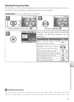 Page 5747
Viewing Pictures on the Camera
Vi ewing Pictures by Date
In  full-frame and thumbnail playback, pictures taken on selected dates can be se-
lected for viewing, deletion, printing, protection, and transfer.
Calendar Mode : Choose a date from a calendar.
1
Display playback mode menu ( 5).
2
Highlight  Calendar  ().
3Dates for which pictures exist are underlined 
in yellow.  The following operations can be 
performed:
To Pr ess
Select month (keep control 
pressed for quick scroll) W
/T —
H ighlight date...