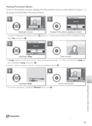 Page 6353
Viewing Pictures on the Camera
Viewing Pictmotion Movies
To  view Pictmotion movies, display the Pictmotion menu as described in Steps 1–3 
on page 50 and follow the steps below.
  Pi ctmotion
See the Appendix for information on how Pictmotion movies are stored (
 103).
1
H ighlight movie. *
2
Display Pictmotion playback screen.
3
Highlight  Play. †
4
View movie. ‡
5
ConﬁrmCo n ﬁ rmConﬁrmEnd
RestartR esta rtRestart
H ighlight  End. 
**
6
Exit to movie list.
*  To delete highlighted movie, press...