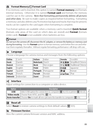 Page 9989
The Setup Menu
  Format Memory/ Format Card
If  no memory card is inserted, this option is named  Format memory  and formats 
internal memory.  Otherwise it is named  Format card  and formats the memory 
card for use in the camera.   Note that formatting permanently deletes all pictures 
and other data .  Be sure to make copies as required before formatting.  Formatting 
a memory card also deletes any Pictmotion background tracks that may be present; 
tracks can be copied to the card again when...