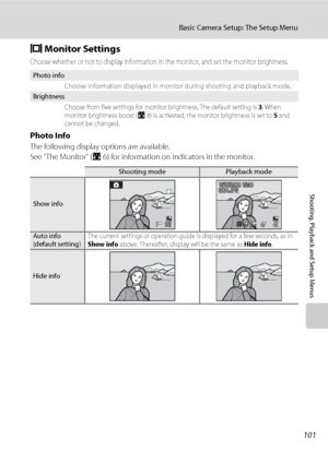 Page 113101
Basic Camera Setup: The Setup Menu
Shooting, Playback and Setup Menus
e Monitor Settings
Choose whether or not to display information in the monitor, and set the monitor brightness.
Photo Info
The following display options are available.
See “The Monitor” (A6) for information on indicators in the monitor.
Photo info
Choose information displayed in monitor during shooting and playback mode.
Brightness
Choose from five settings for monitor brightness. The default setting is 3. When 
monitor brightness...